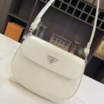 {Style No: EUE4R1YY} PRA 25 CLEO FLAP SHOULDER BAG IN WHITE BRUSHED LEATHER