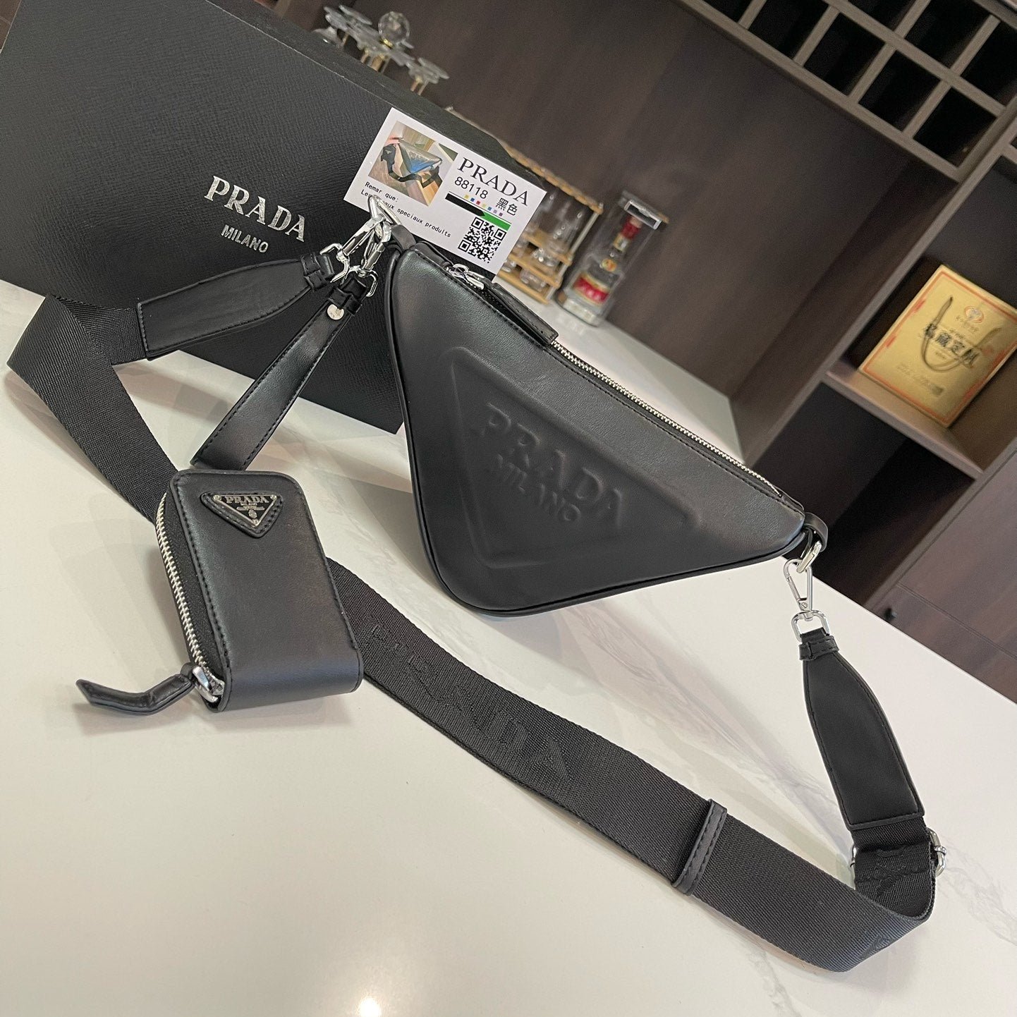 {Style No: L5QSKHZO} PRA TRIANGLE 27 SHOULDER BAG IN BLACK CALFSKIN WITH STRAP