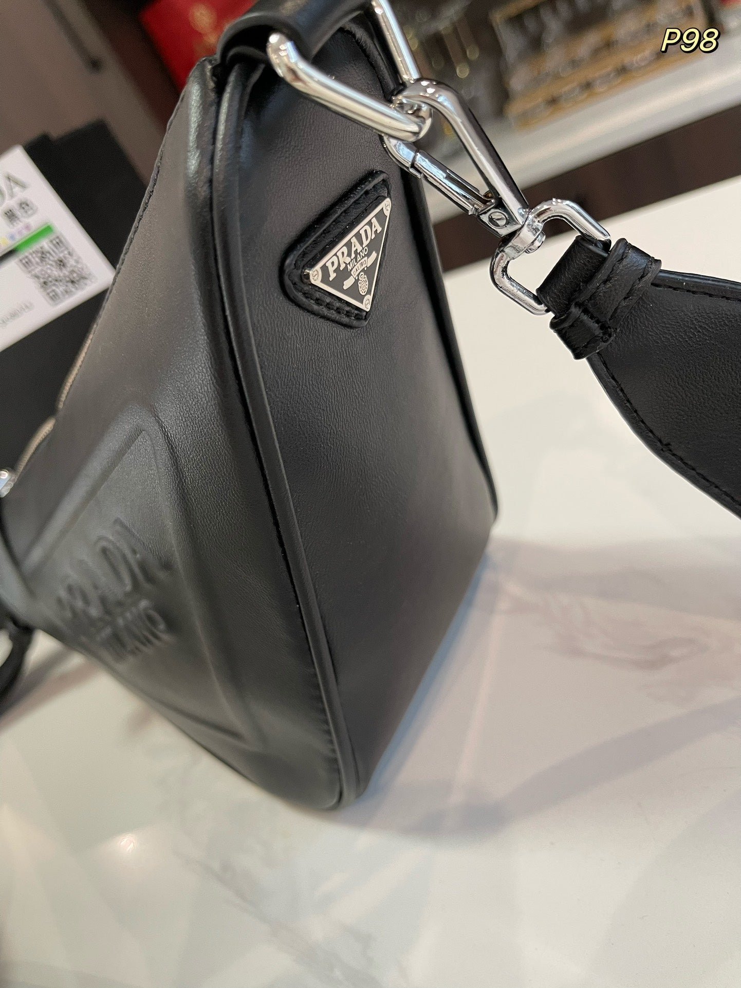 {Style No: L5QSKHZO} PRA TRIANGLE 27 SHOULDER BAG IN BLACK CALFSKIN WITH STRAP - Image 8