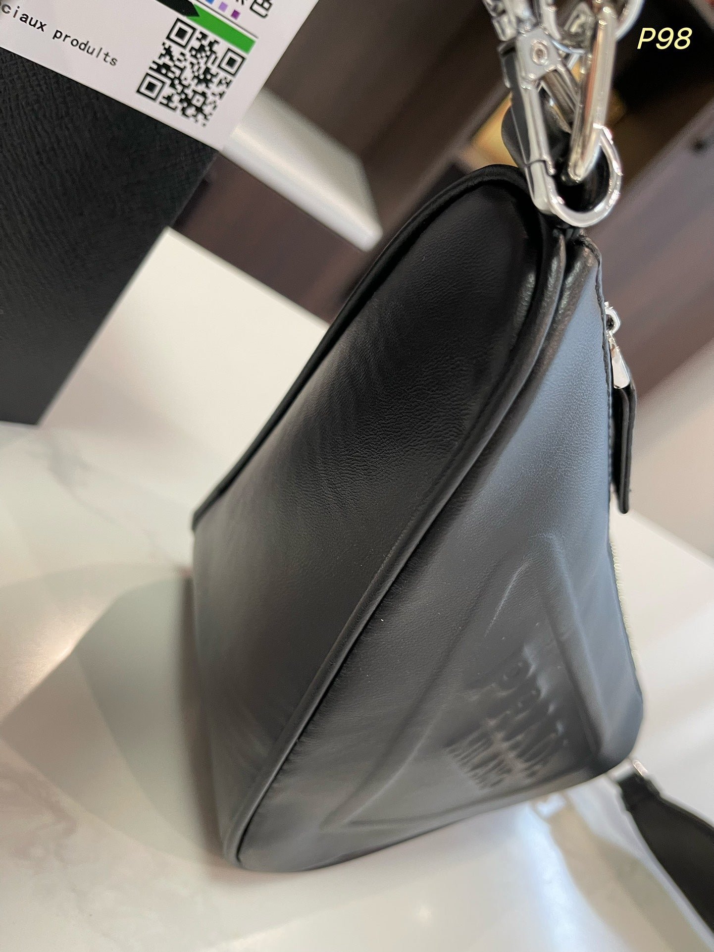 {Style No: L5QSKHZO} PRA TRIANGLE 27 SHOULDER BAG IN BLACK CALFSKIN WITH STRAP - Image 7