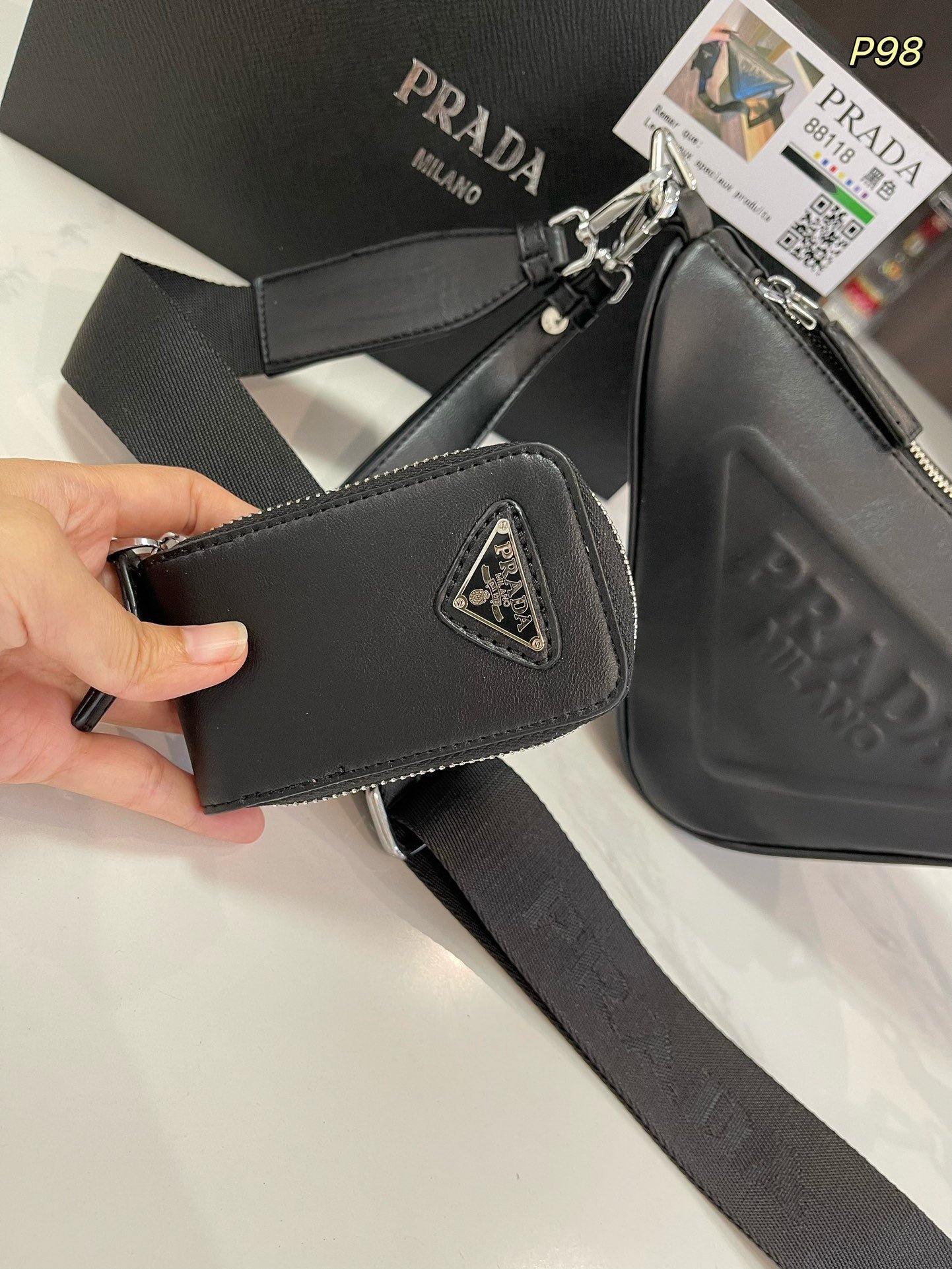 {Style No: L5QSKHZO} PRA TRIANGLE 27 SHOULDER BAG IN BLACK CALFSKIN WITH STRAP - Image 6