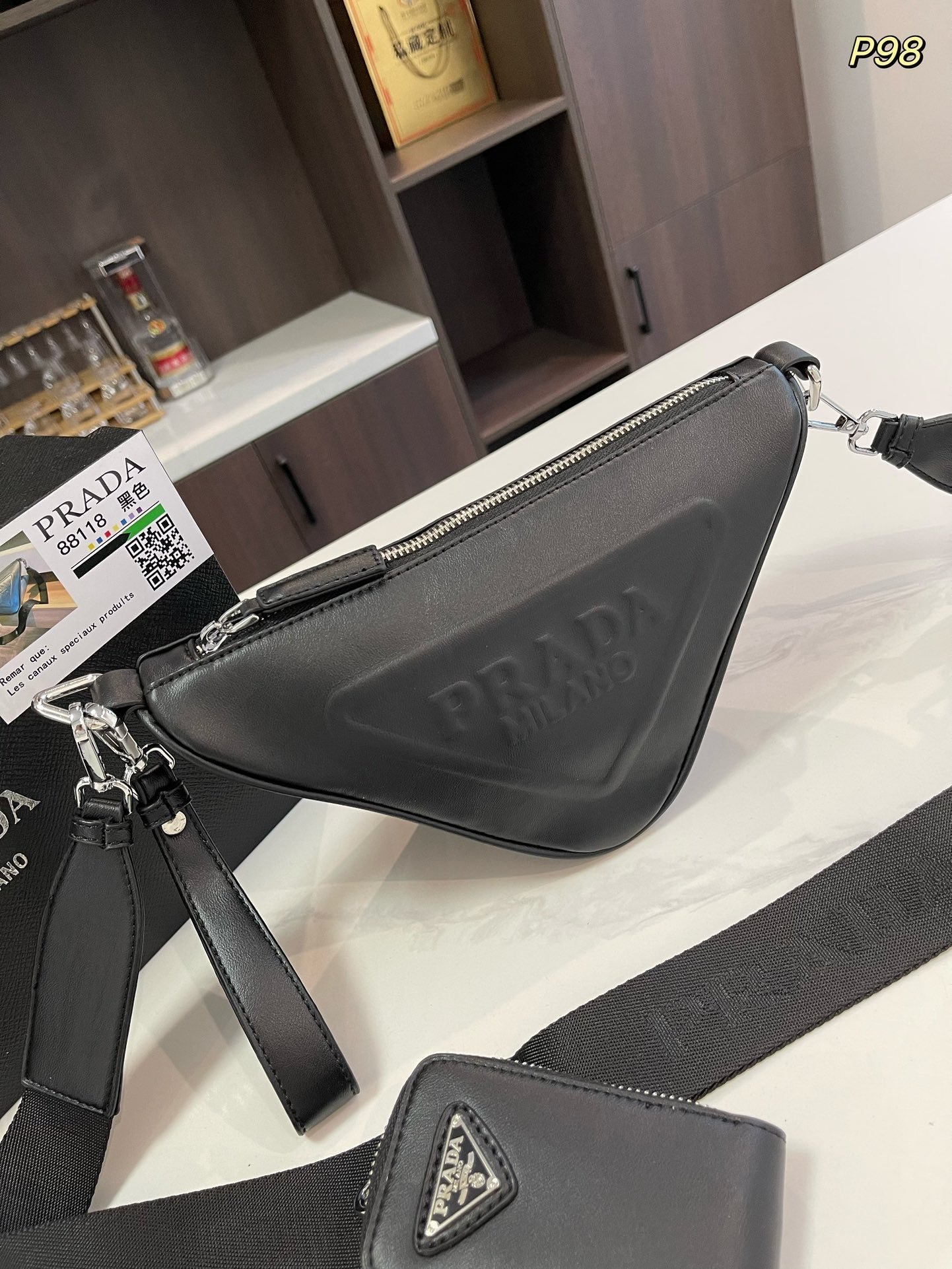 {Style No: L5QSKHZO} PRA TRIANGLE 27 SHOULDER BAG IN BLACK CALFSKIN WITH STRAP - Image 3