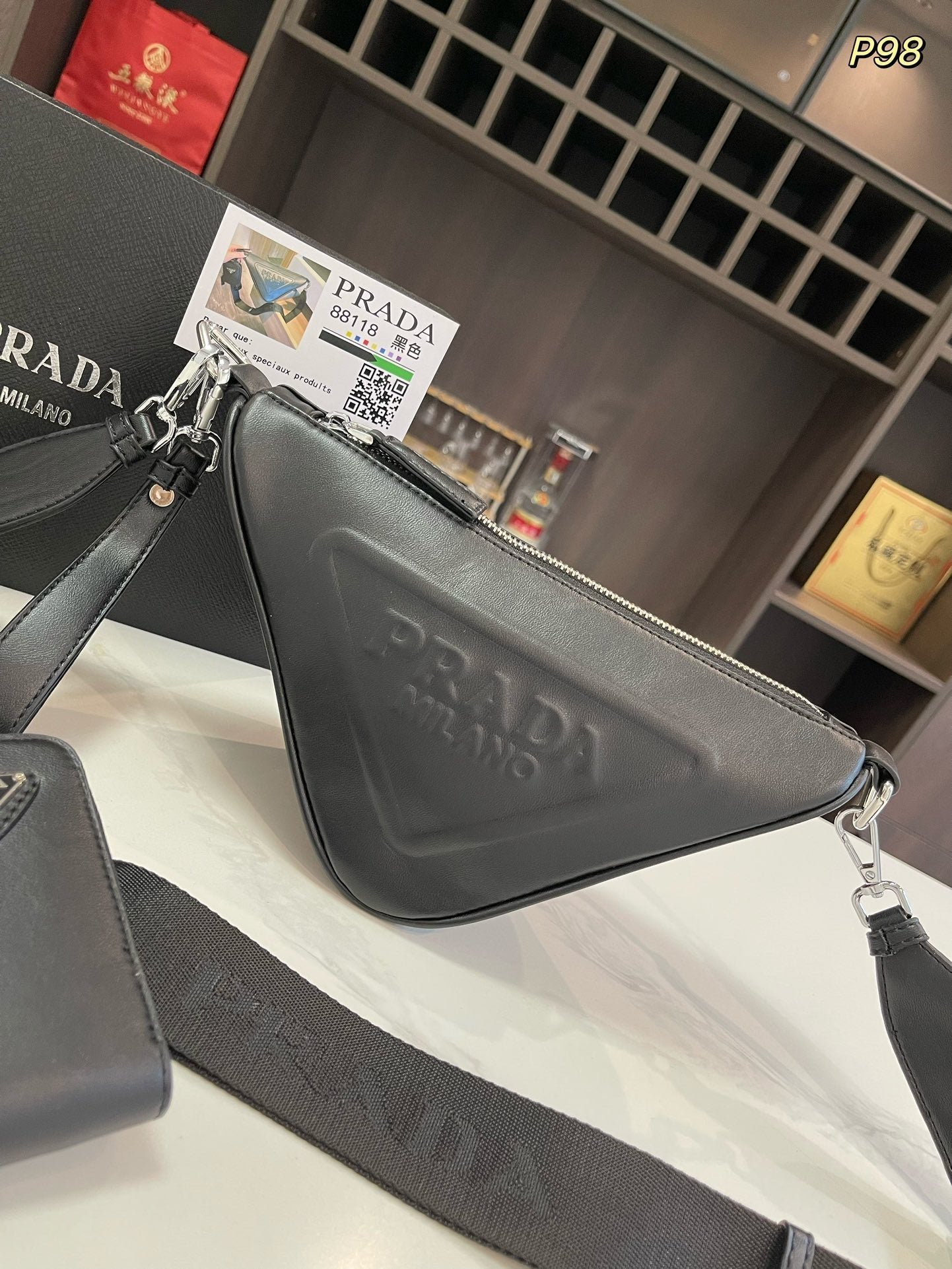 {Style No: L5QSKHZO} PRA TRIANGLE 27 SHOULDER BAG IN BLACK CALFSKIN WITH STRAP - Image 2