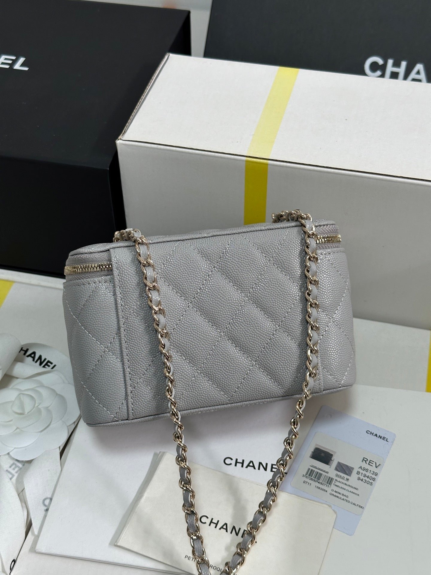 {Style No: RNL25JQL} VANITY CASE 17 CRYSTAL STUDDED LOGO IN GREY CALFSKIN GOLD HARDWARE - Image 2