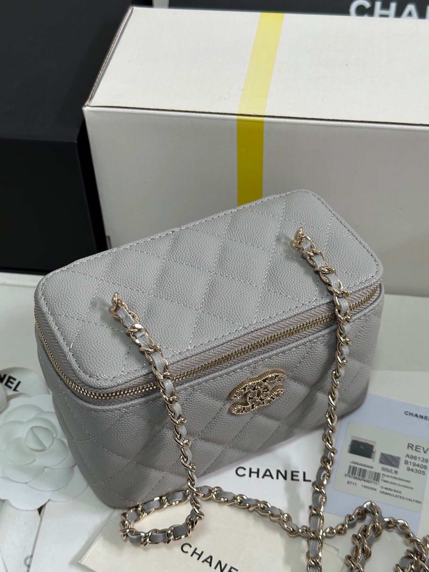 {Style No: RNL25JQL} VANITY CASE 17 CRYSTAL STUDDED LOGO IN GREY CALFSKIN GOLD HARDWARE - Image 6