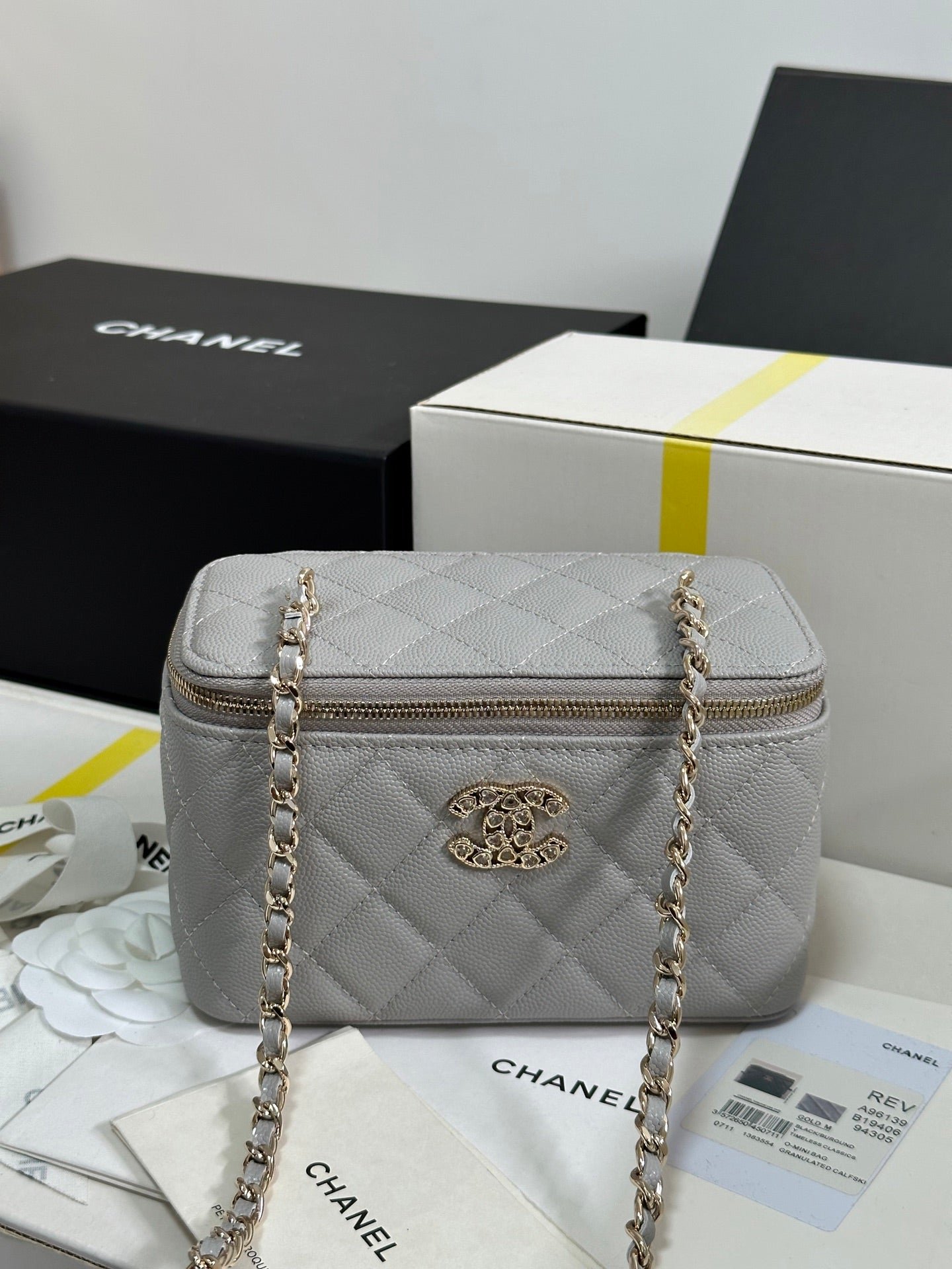 {Style No: RNL25JQL} VANITY CASE 17 CRYSTAL STUDDED LOGO IN GREY CALFSKIN GOLD HARDWARE - Image 8