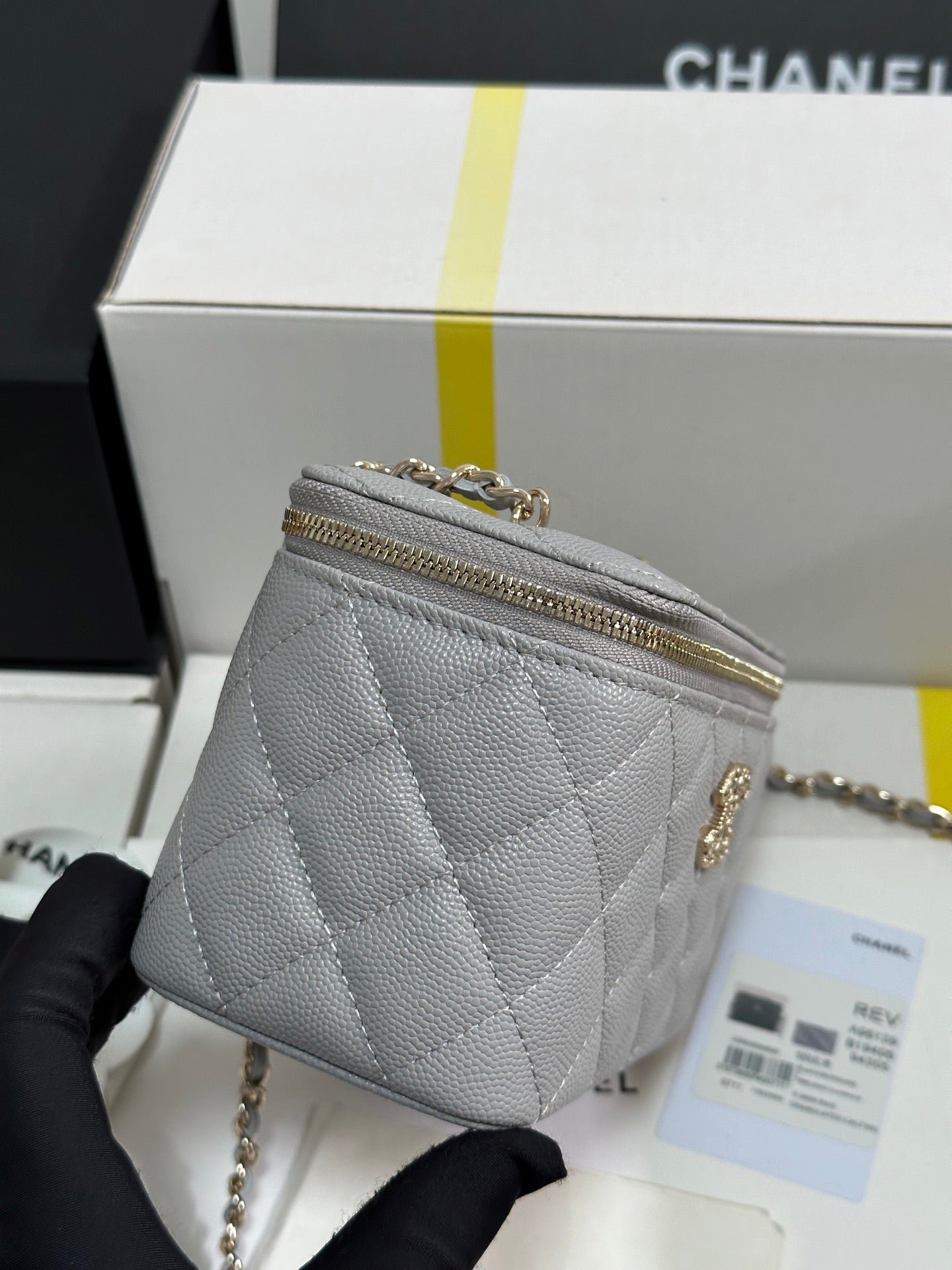 {Style No: RNL25JQL} VANITY CASE 17 CRYSTAL STUDDED LOGO IN GREY CALFSKIN GOLD HARDWARE - Image 7