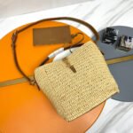 {Style No: I9GP7MUY} LE 37 MEDIUM 25 IN LIGHT YELLOW STRAW AND BROWN LEATHER TRIM