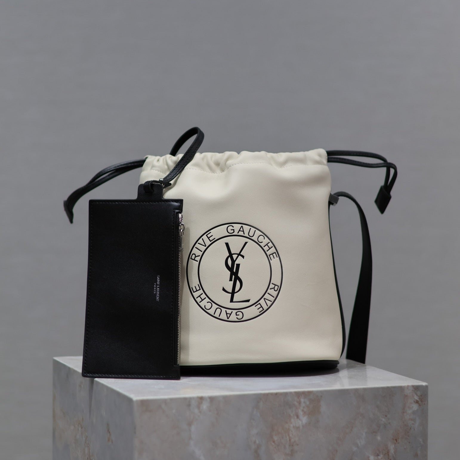 {Style No: 7FXJ36KZ} RIVE GAUCHE BUCKET BAG 23 IN WHITE CALFSKIN
