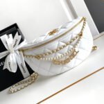 {Style No: T8BKGFAE} CC WAIST 24 BAG IN WHITE CALFSKIN WITH PEARL CHAIN AND GOLD HARDWARE