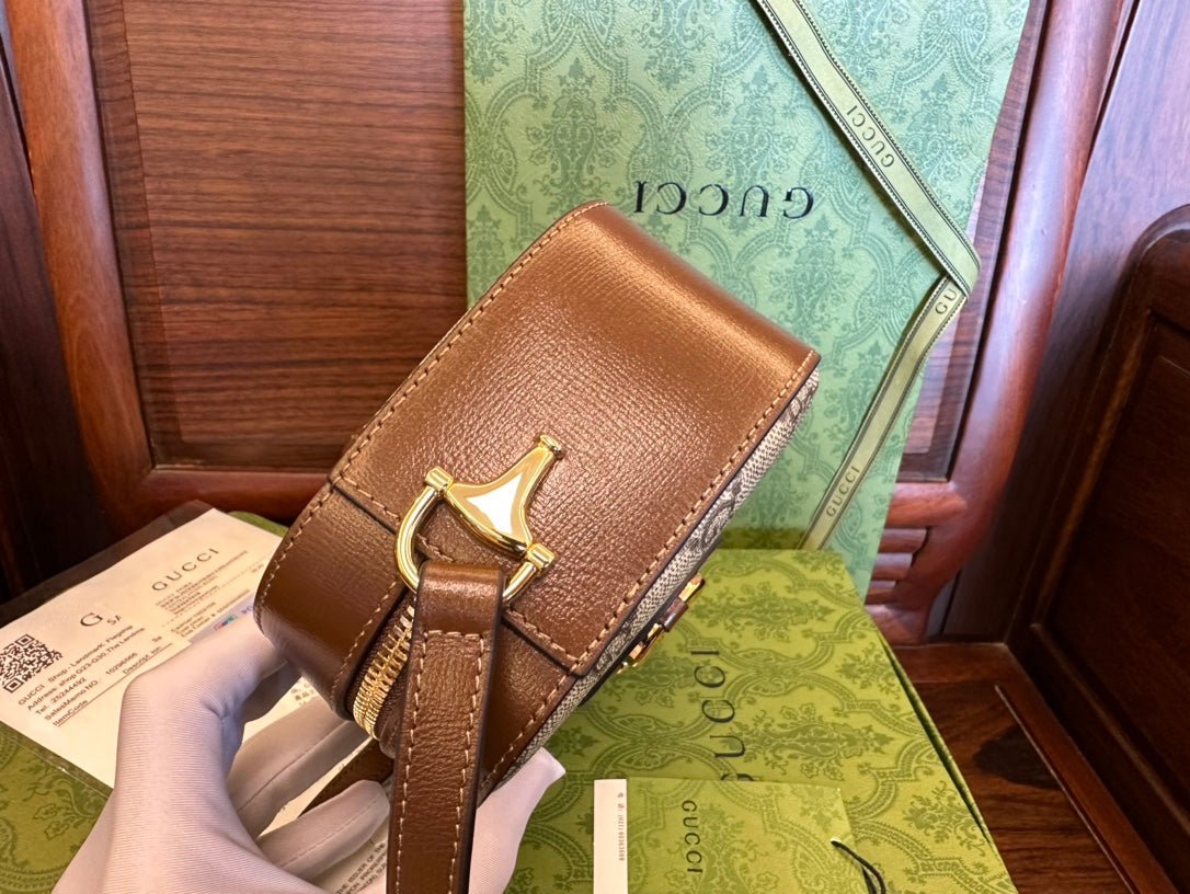 {Style No: X3W817S1} GG 20 HORSEBIT 1955 SMALL BAG IN BEIGE CANVAS AND BROWN CALFSKIN - Image 8