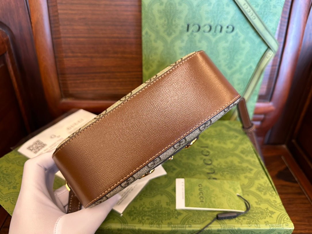 {Style No: X3W817S1} GG 20 HORSEBIT 1955 SMALL BAG IN BEIGE CANVAS AND BROWN CALFSKIN - Image 7