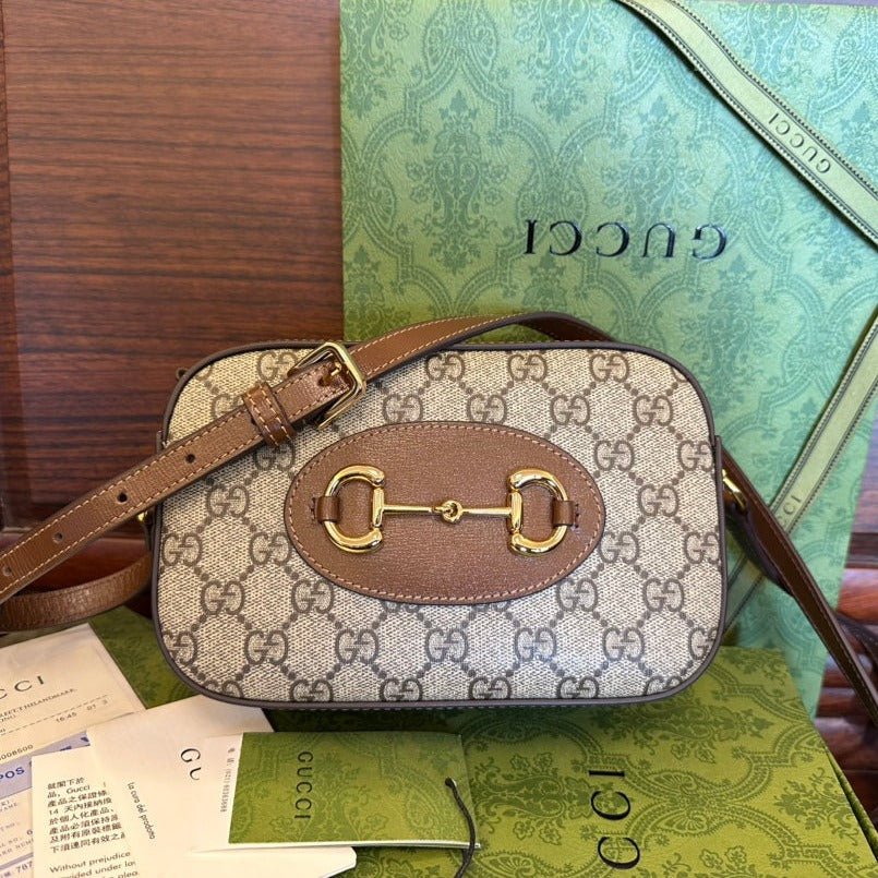 {Style No: X3W817S1} GG 20 HORSEBIT 1955 SMALL BAG IN BEIGE CANVAS AND BROWN CALFSKIN