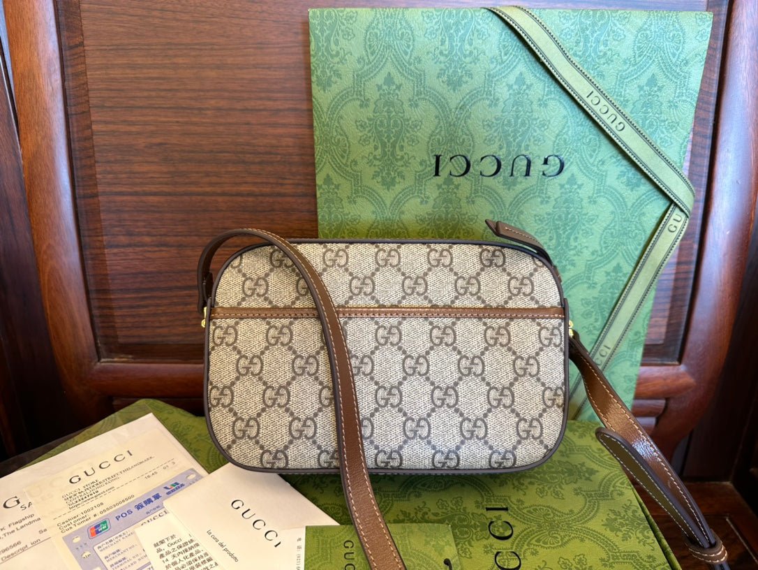 {Style No: X3W817S1} GG 20 HORSEBIT 1955 SMALL BAG IN BEIGE CANVAS AND BROWN CALFSKIN - Image 2