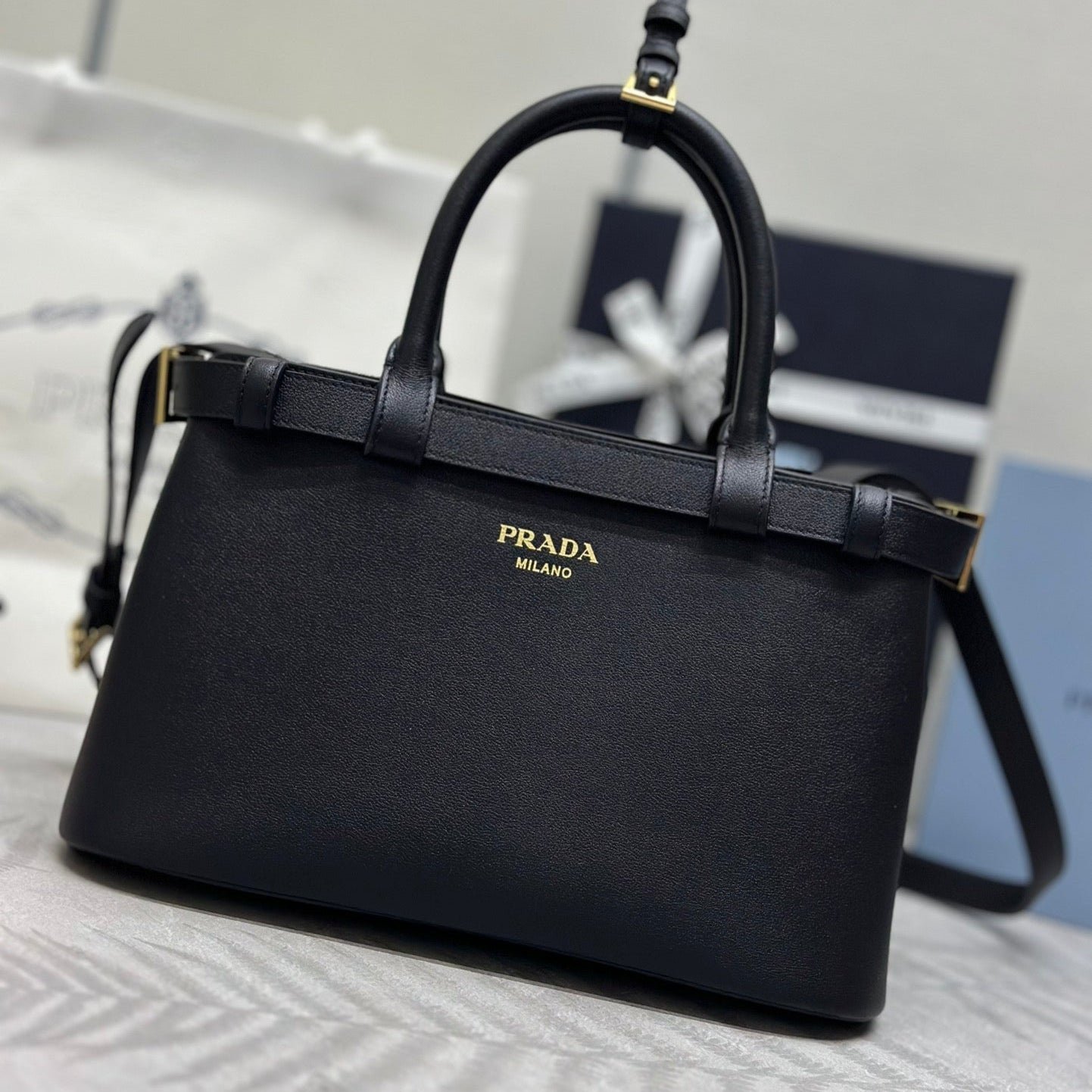 {Style No: QMLS5BKC} PRADA 25S BUCKLE MEDIUM HANDBAG 28 IN BLACK CALFSKIN GOLD HARDWRE