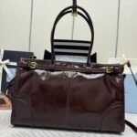 {Style No: N9XVIHT1} PRADA 25S BONNIE LARGE HANDBAG 38 IN DARK BROWN GLOSSY CALFSKIN GOLD HARDWRE
