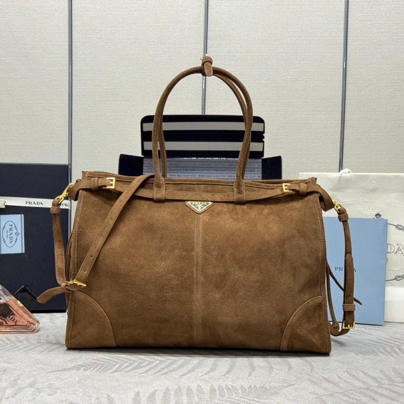 {Style No: TC1XSXLG} TOTE BAG WITH BELT 42 IN RUSSET BROWN SUEDE GOLD HARDWARE