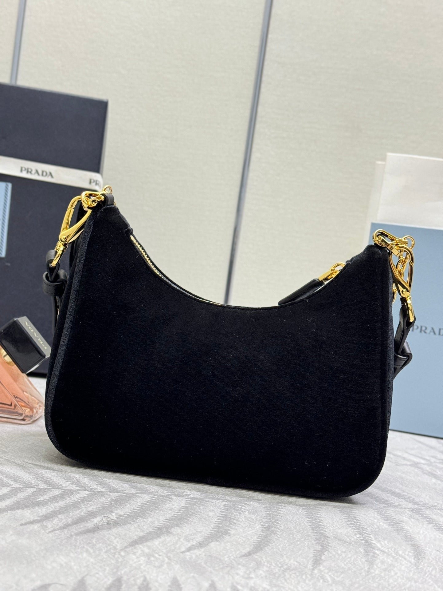 {Style No: DXL5Y81H} PRADA 25S MINI HOBO BAG 23 IN BLACK VELVET GOLD HARDWRE - Image 2