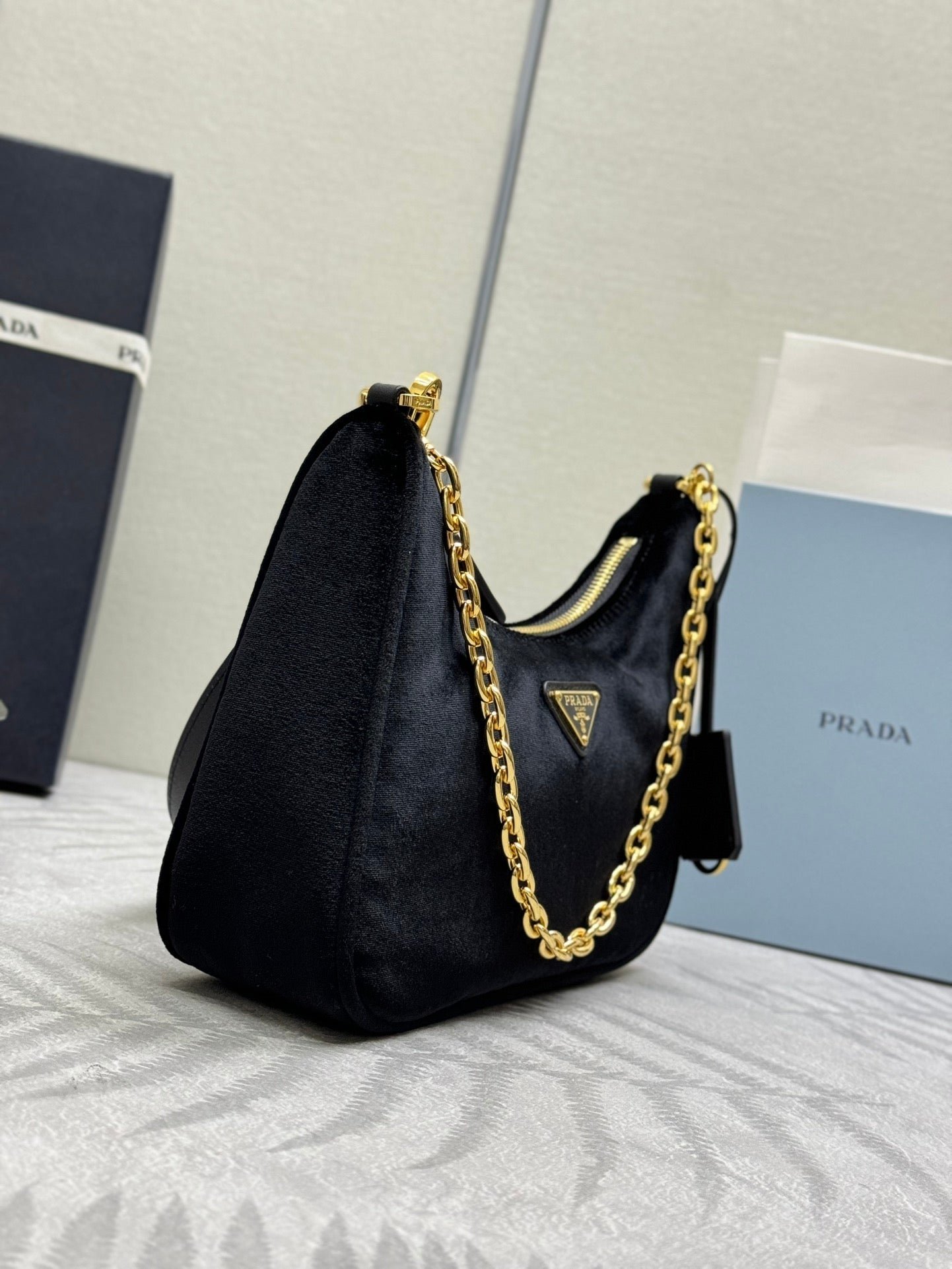 {Style No: DXL5Y81H} PRADA 25S MINI HOBO BAG 23 IN BLACK VELVET GOLD HARDWRE - Image 4