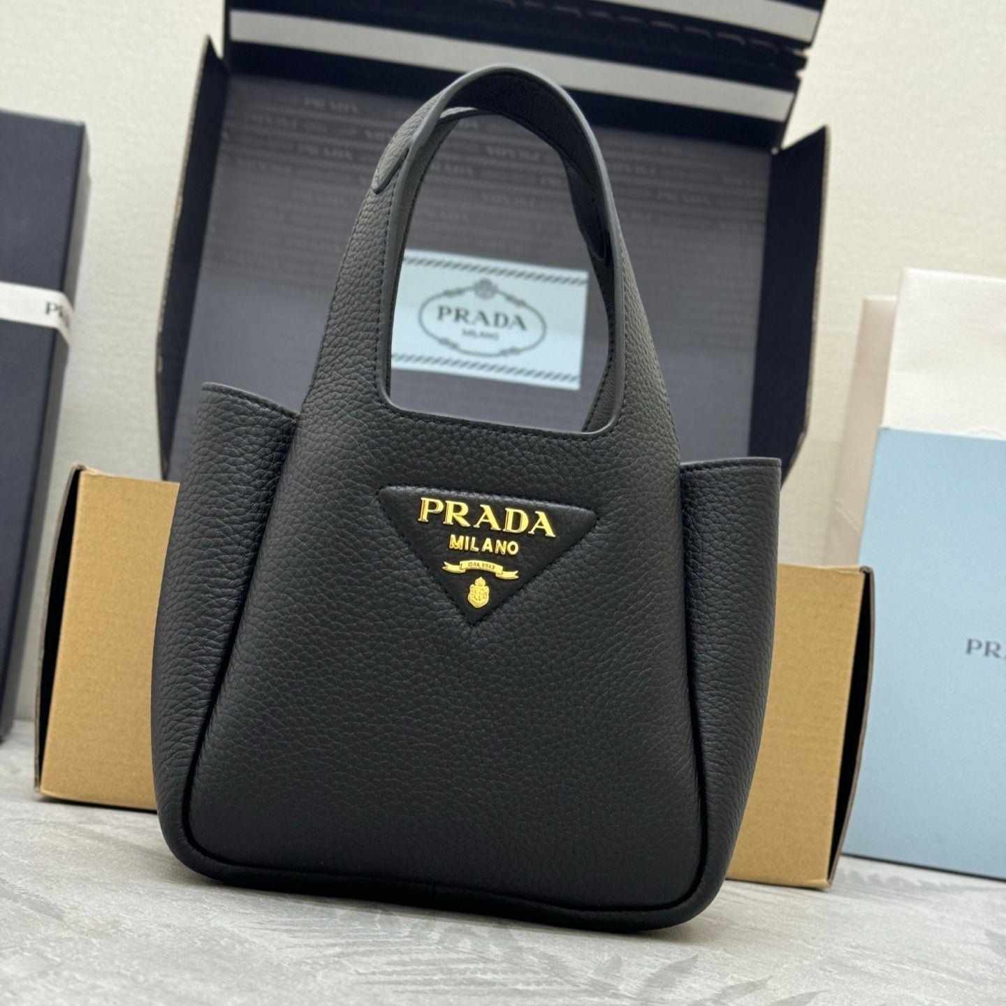 {Style No: 86SEETIF} PRADA 25S TOTE MINI BAG 18 IN BLACK CALFSKIN GOLD HARDWARE