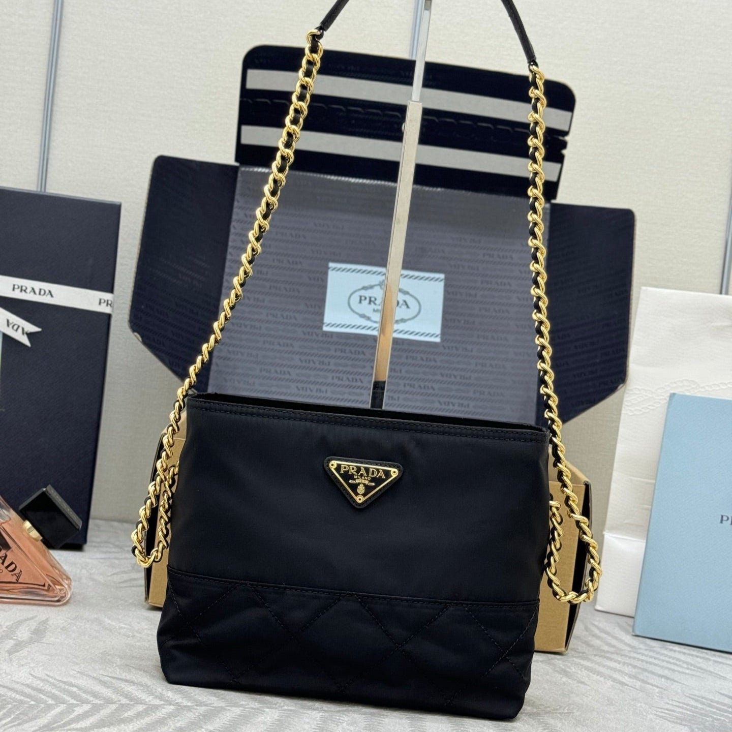 {Style No: IZT46AQA} PRADA 25S CROSSBODY BAG 21 IN BLACK NYLON GOLD HARDWARE