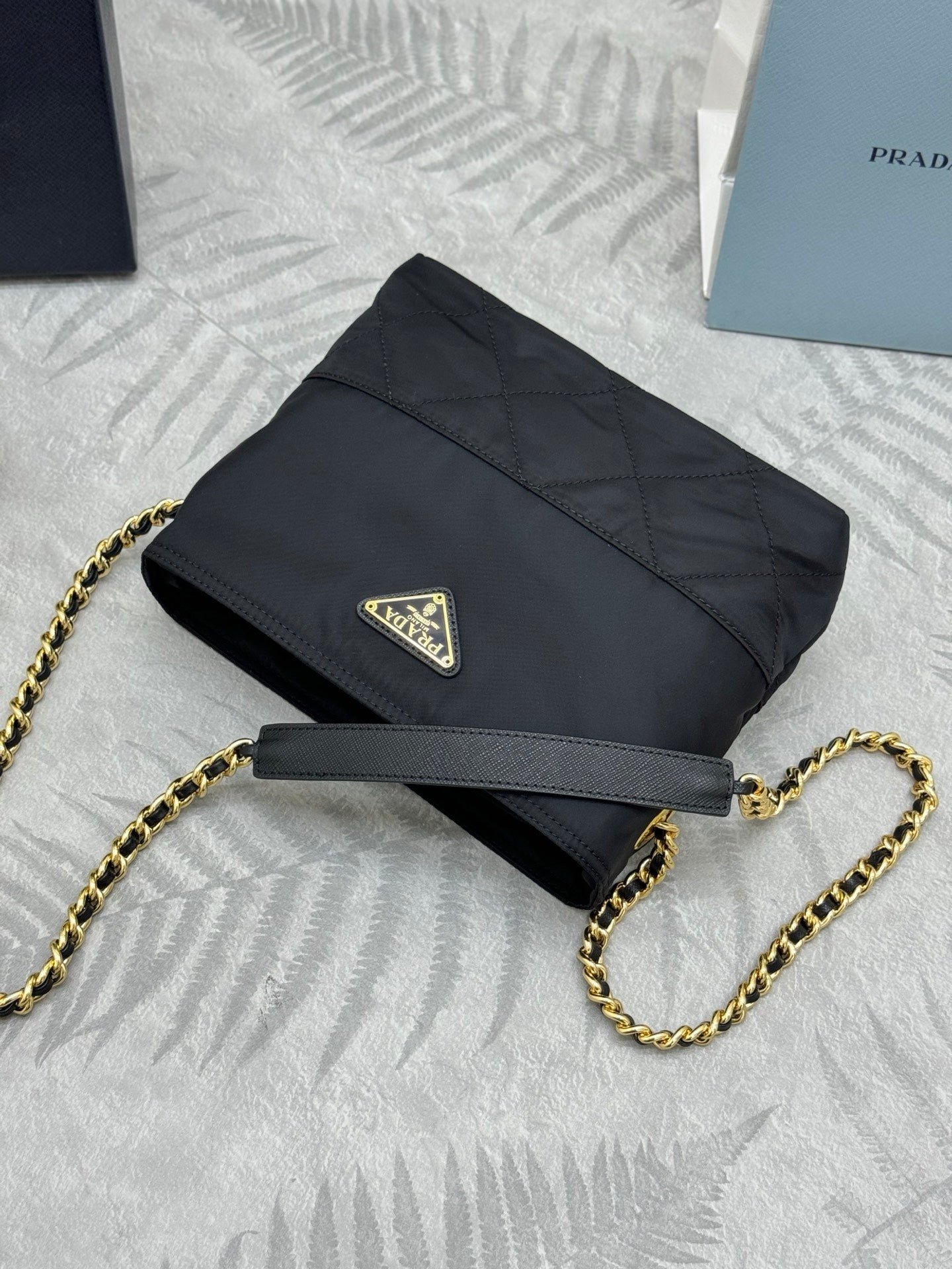 {Style No: 7V85T9R9} PRADA 25S CROSSBODY BAG 21 IN BLACK NYLON GOLD HARDWRE - Image 8