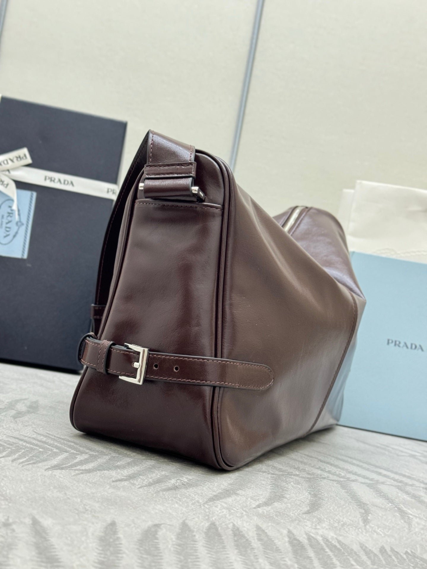 {Style No: RXAMXV1Q} PRADA 25S SHOULDER BAG 35 IN DARK BROWN CALFSKIN SILVER HARDWRE - Image 7