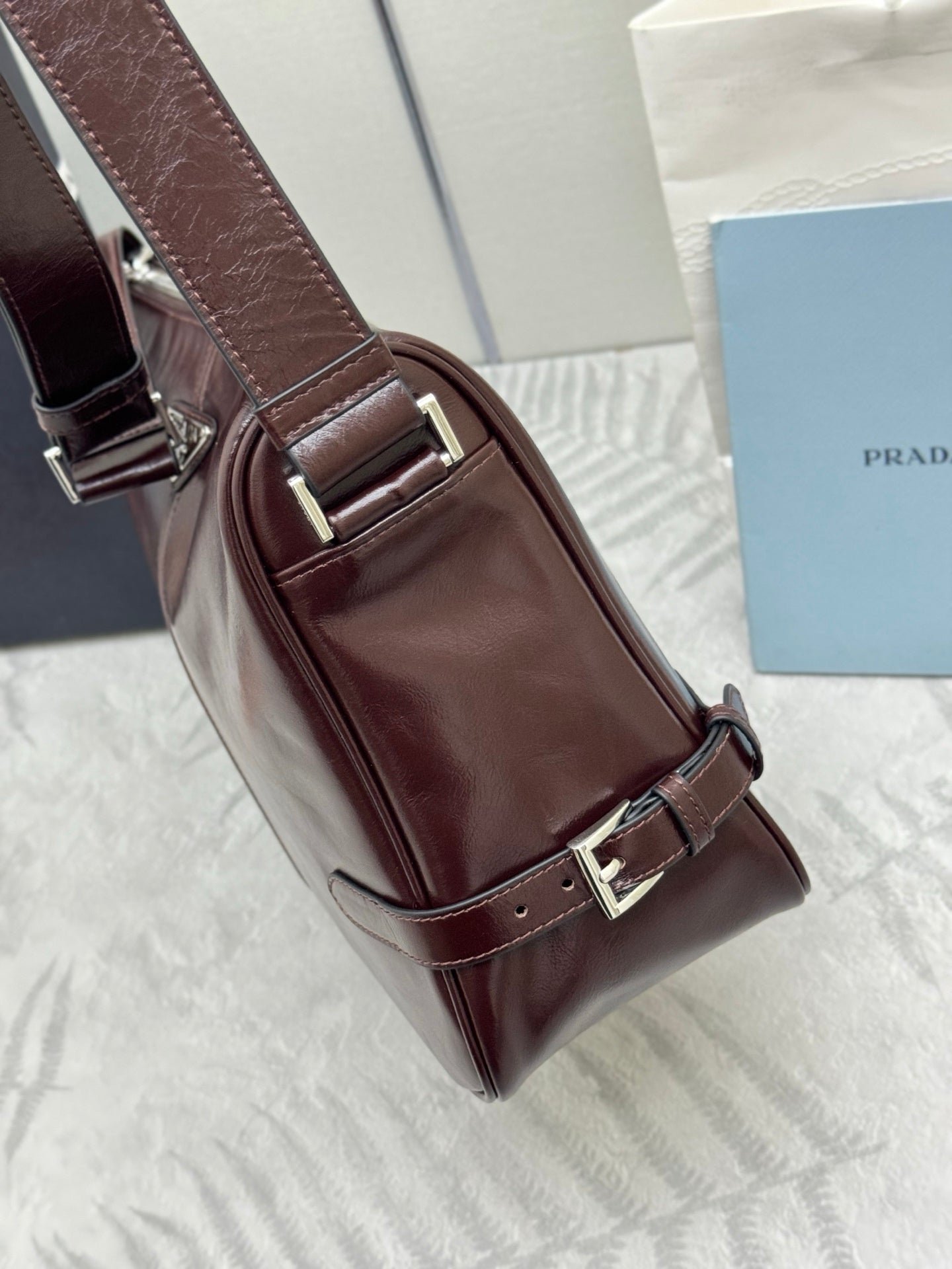 {Style No: RXAMXV1Q} PRADA 25S SHOULDER BAG 35 IN DARK BROWN CALFSKIN SILVER HARDWRE - Image 4