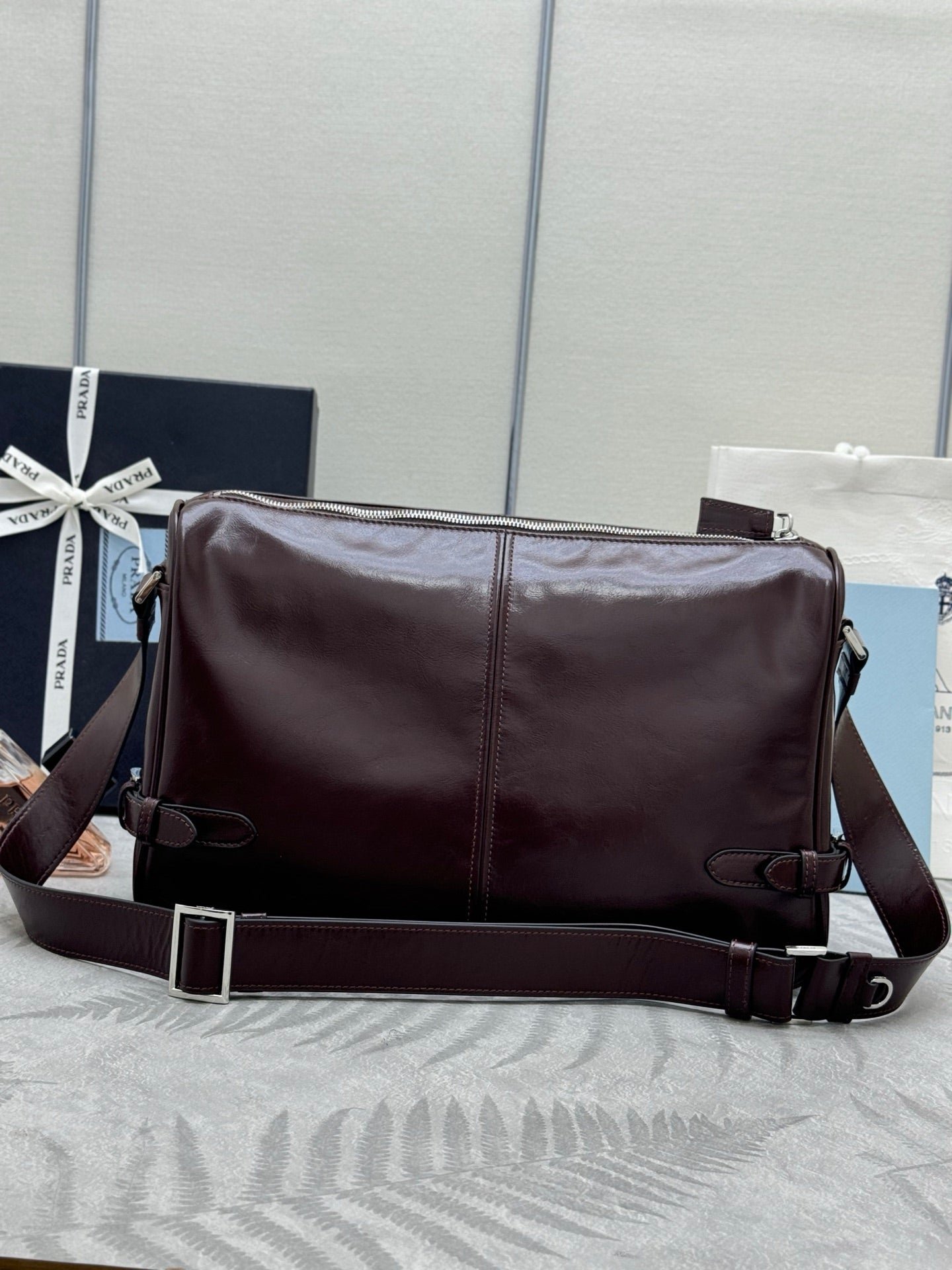 {Style No: RXAMXV1Q} PRADA 25S SHOULDER BAG 35 IN DARK BROWN CALFSKIN SILVER HARDWRE - Image 2