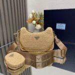 {Style No: 38SBPFU9} WOVEN HOBO BAG 23 IN BEIGE RAFFIA GOLD HARDWARE TRIANGLE LOGO