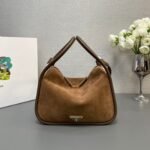 {Style No: 1JKCWUJD} BOWLING BAG 25 IN ASH BROWN SUEDE AND CALFSKIN TRIM GOLD LOGO