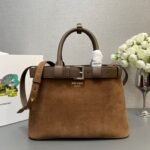 {Style No: 5UVW7RHI} SMALL TOTE BAG WITH BELT 32 IN RUSSET BROWN SUEDE