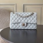 {Style No: 692IVBYV} CHANEL 25S CLASSIC FLAP BAG 25 CM IN LIGHT GRAY BLUE LAMBSKIN WITH GOLD HARDWARE