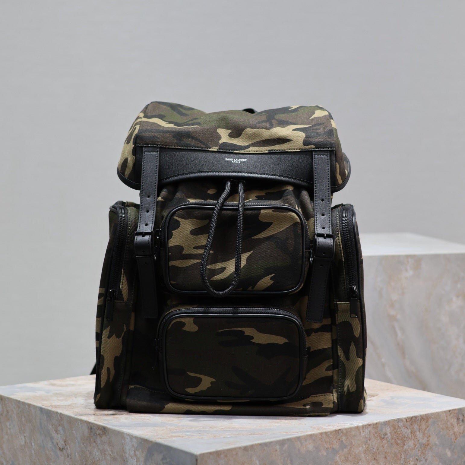 {Style No: U3I6NM3H} CITY MULTI-POCKET BACKPACK 42 IN CAMOUFLAGE PATTERN NYLON AND BLACK CALFSKIN