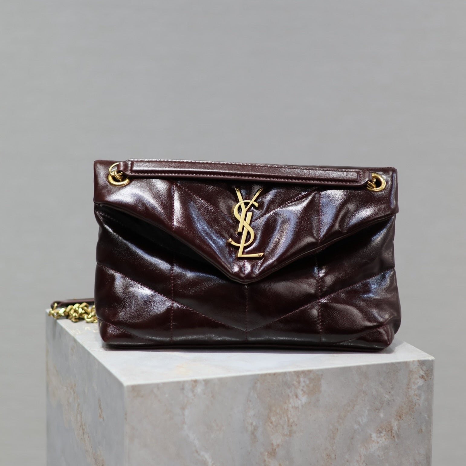 {Style No: 5D74R6C9} YSL 25S LOULOU PUFFER MEDIUM 29 IN DARK BURGUNDY CALFSKIN