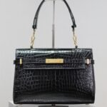 {Style No: IN3234NQ} MANHATTAN HANDBAG 32 IN BLACK CROCODILE-EMBOSSED CALFSKIN GOLD HARDWARE