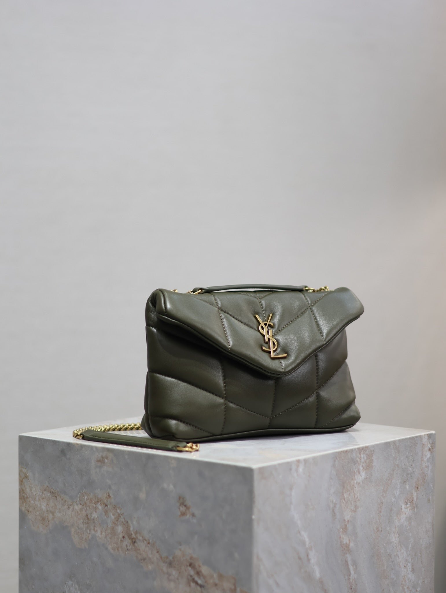 {Style No: VGM4CIND} YSL 25S LOULOU PUFFER MINI 23 IN DARK OLIVE CALFSKIN GOLD HARDWARE - Image 8