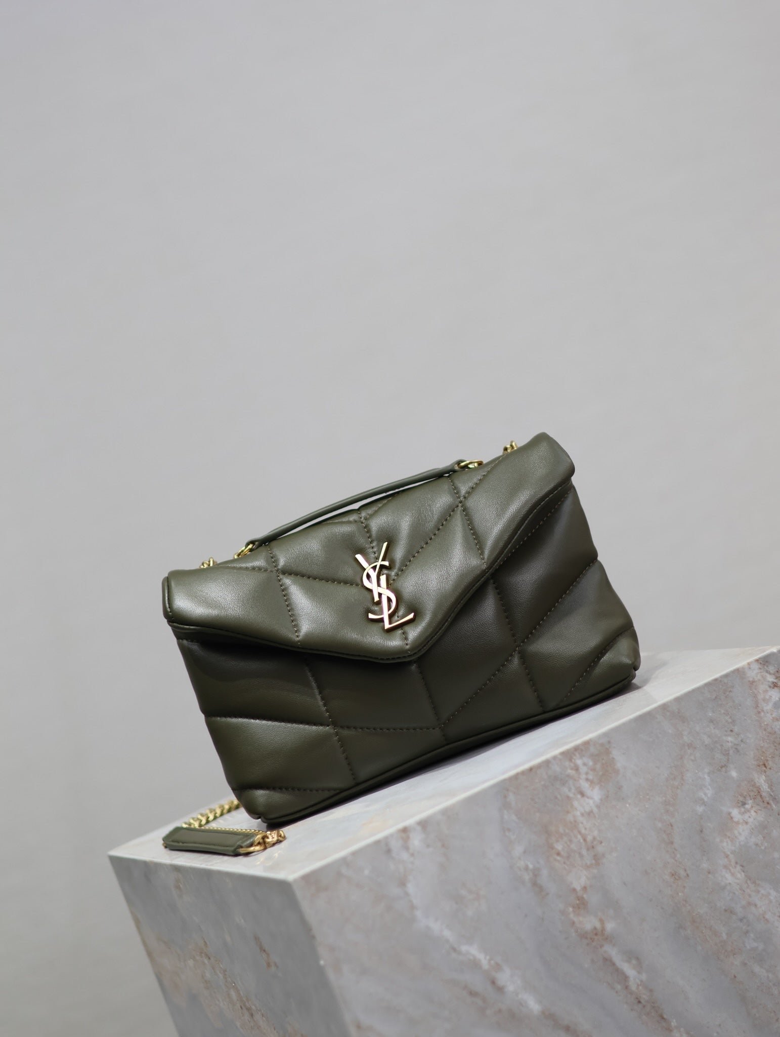 {Style No: VGM4CIND} YSL 25S LOULOU PUFFER MINI 23 IN DARK OLIVE CALFSKIN GOLD HARDWARE - Image 9