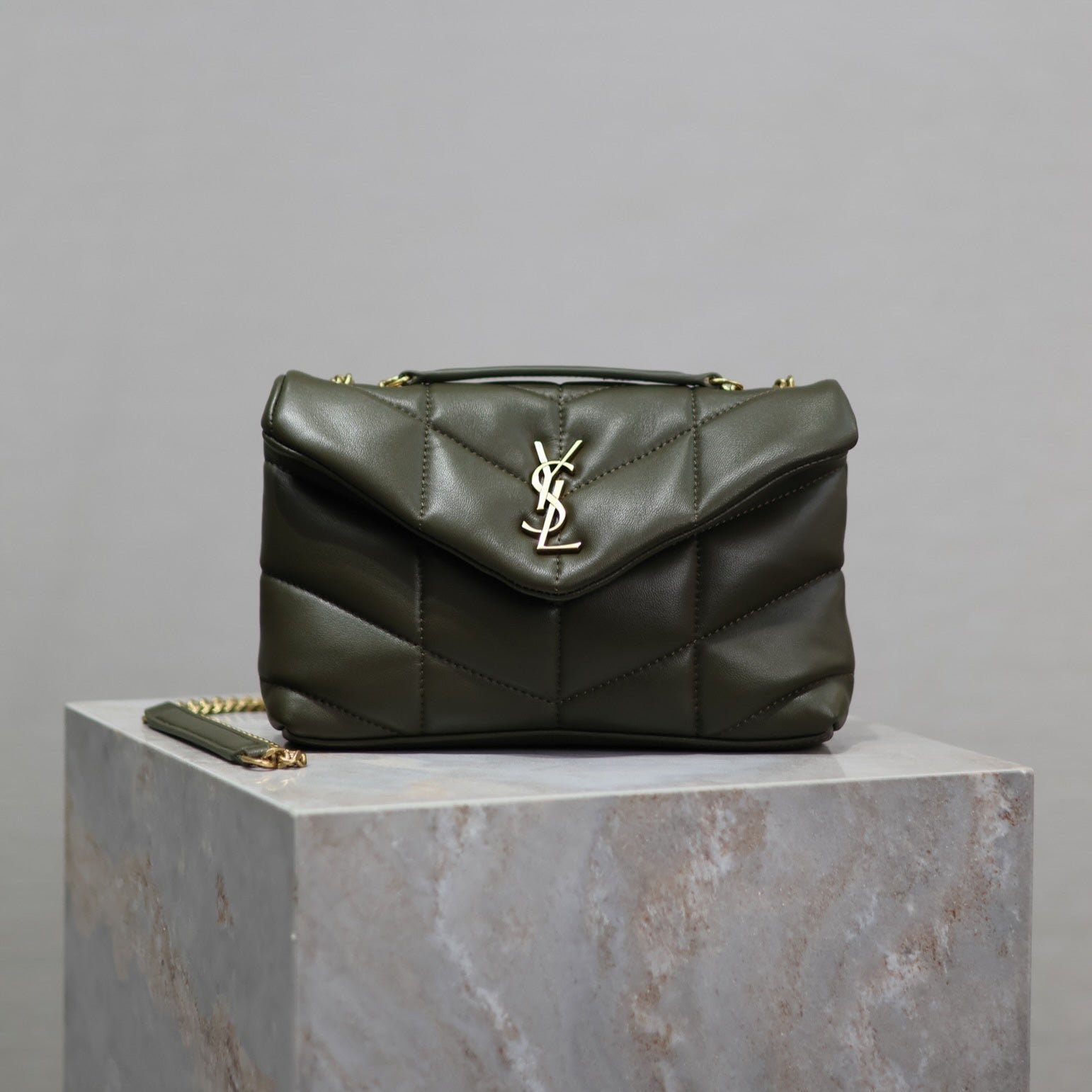 {Style No: VGM4CIND} YSL 25S LOULOU PUFFER MINI 23 IN DARK OLIVE CALFSKIN GOLD HARDWARE