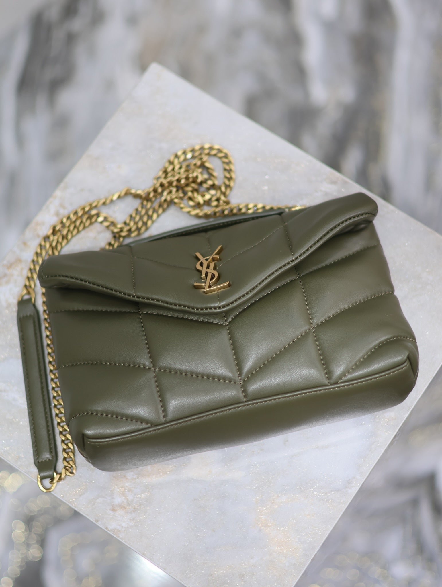 {Style No: VGM4CIND} YSL 25S LOULOU PUFFER MINI 23 IN DARK OLIVE CALFSKIN GOLD HARDWARE - Image 3