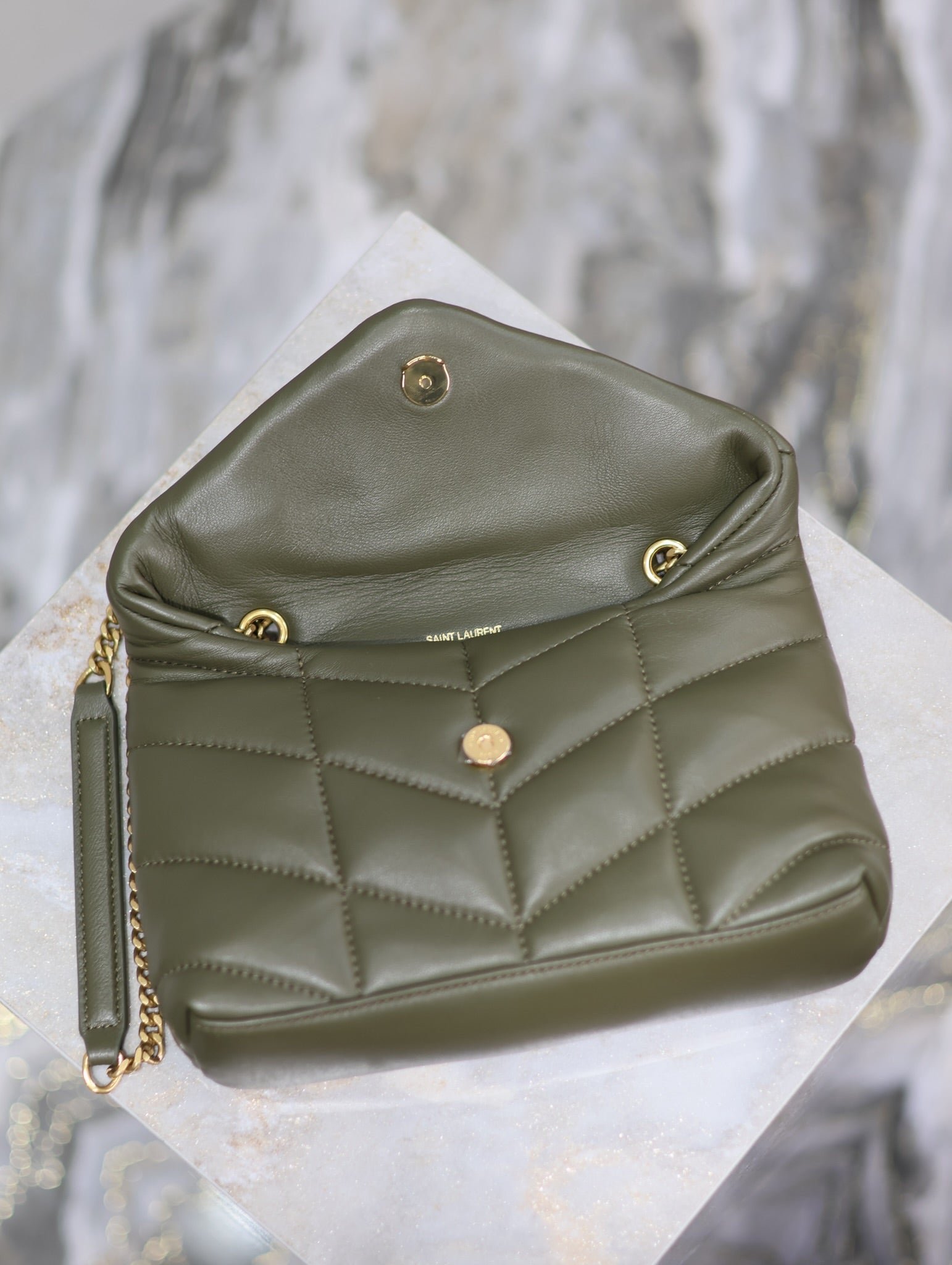 {Style No: VGM4CIND} YSL 25S LOULOU PUFFER MINI 23 IN DARK OLIVE CALFSKIN GOLD HARDWARE - Image 4