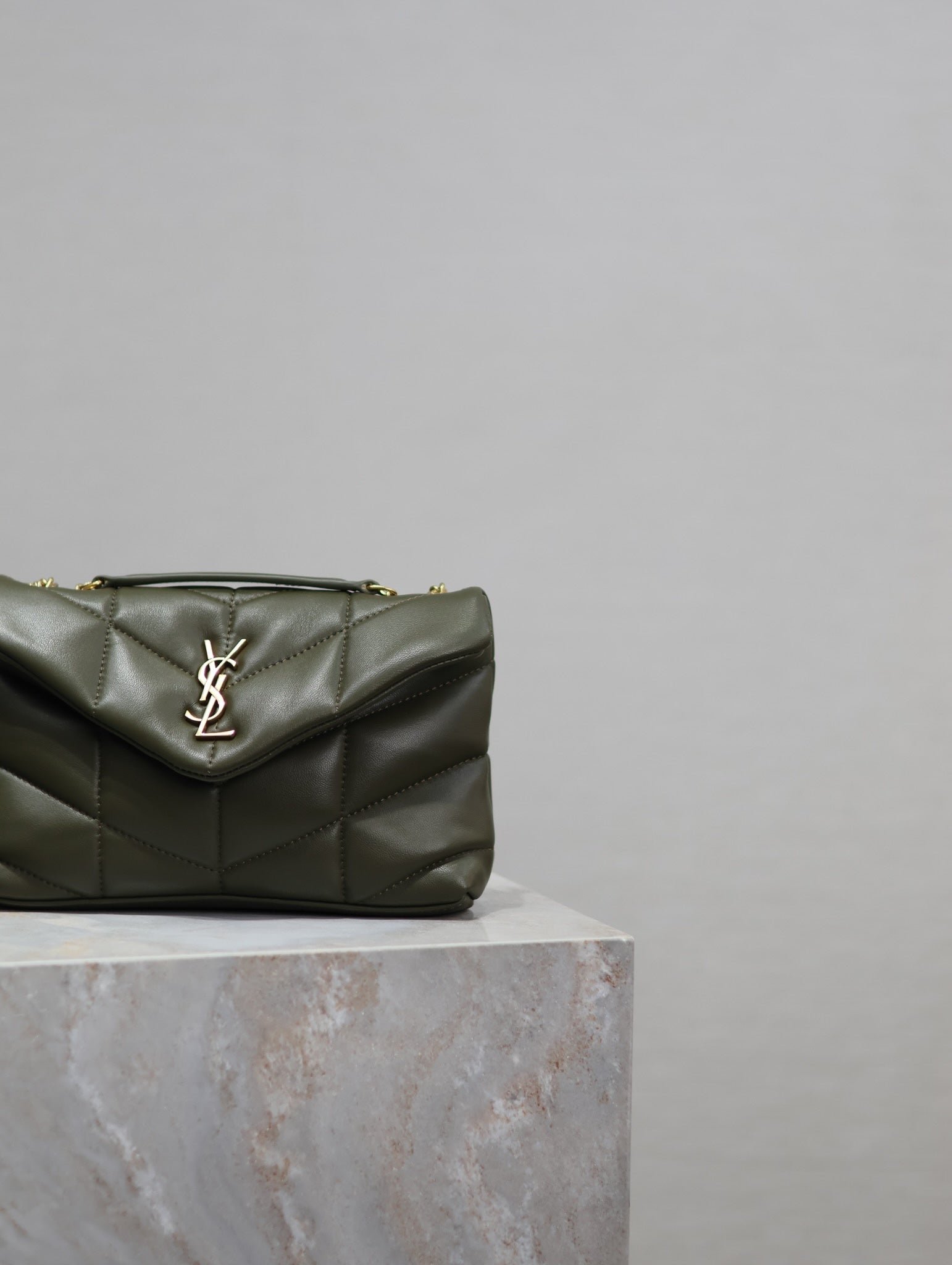 {Style No: VGM4CIND} YSL 25S LOULOU PUFFER MINI 23 IN DARK OLIVE CALFSKIN GOLD HARDWARE - Image 6