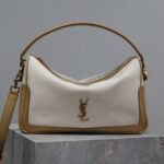 {Style No: 1UEUE77T} CAMERA SUPPLE BAG 28 IN WHITE CANVAS AND BROWN CALFSKIN TRIM