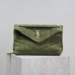 {Style No: Q92TW67B} YSL 25S LOULOU PUFFER MM 29 IN GREEN SUEDE GOLD HARDWRE