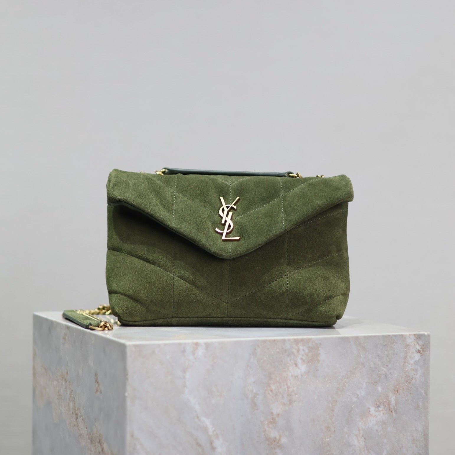 {Style No: CEXCXZR4} PUFFER TOY 23 IN PICKLE GREEN SUEDE GOLD HARDWARE