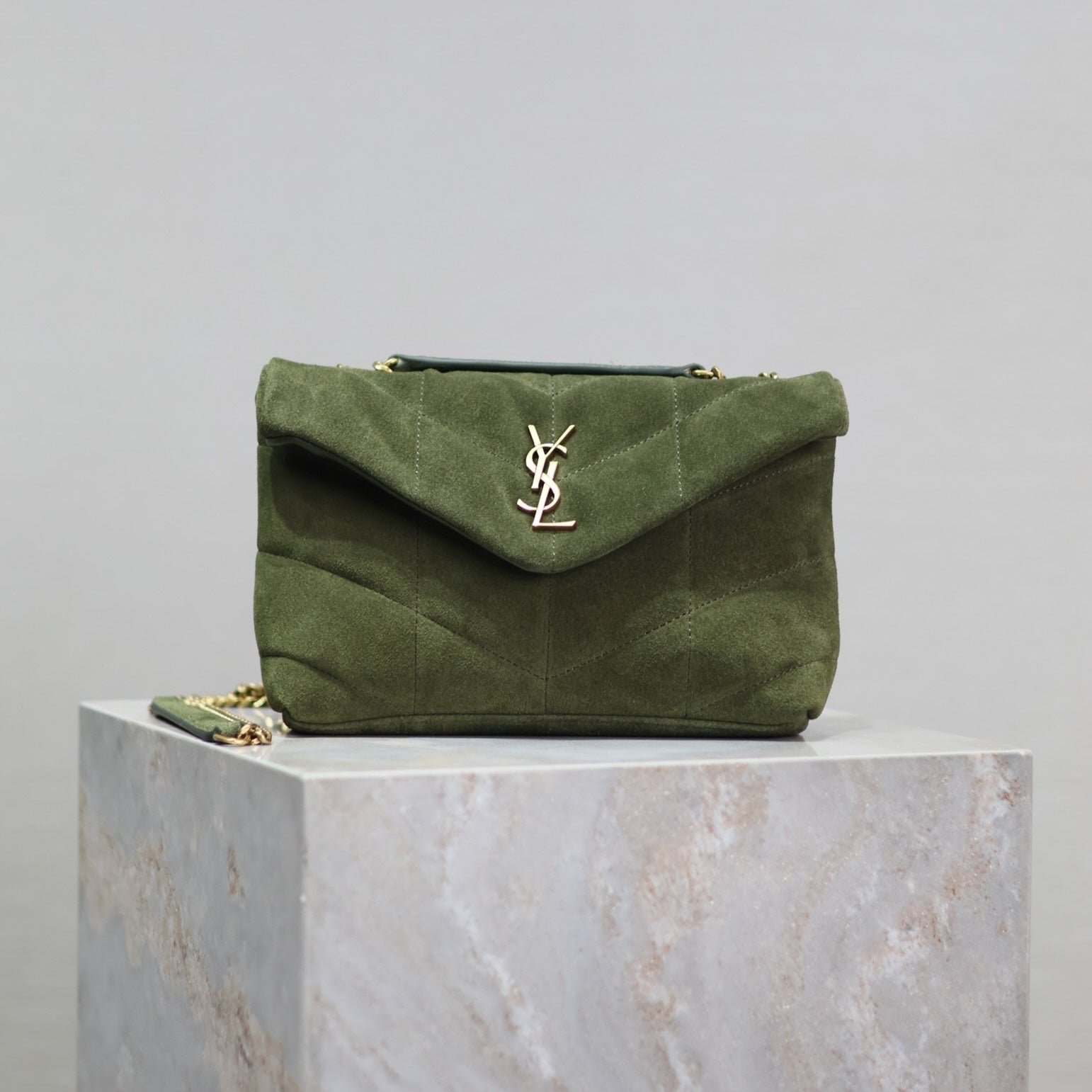 {Style No: WWBWCRA9} YSL 25S LOULOU PUFFER MINI 23 IN GREEN SUEDE GOLD HARDWRE