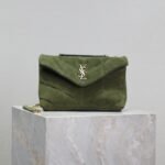 {Style No: 26GZBXE7} YSL 25S LOULOU PUFFER MINI 23 IN GREEN SUEDE GOLD HARDWARE
