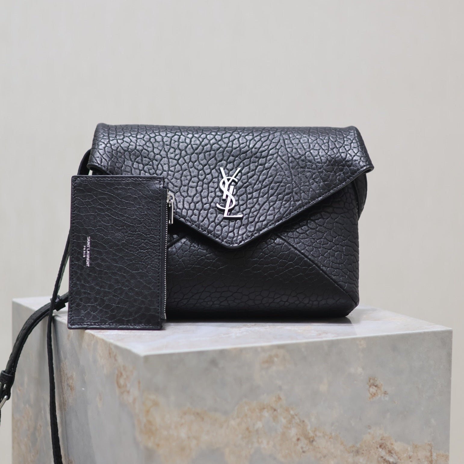 {Style No: MPRX5AEC} ENVELOPE CHAIN BAG 23 IN BLACK ELEPHANT TEXTURE LAMBSKIN SILVER LOGO