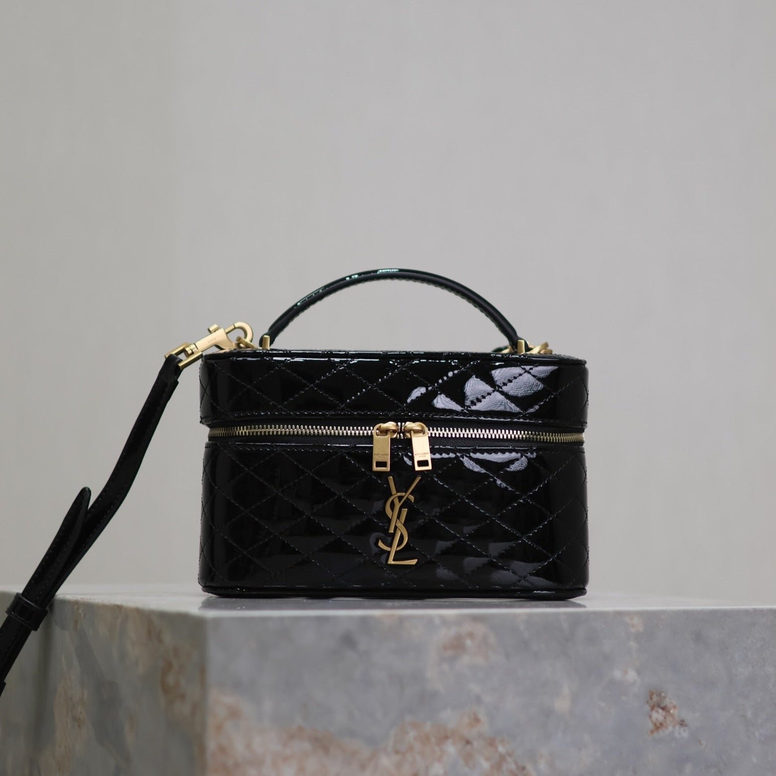 {Style No: AASL6KSE} GABY MINI VANITY 18 IN BLACK GLOSSY LAMBSKIN GOLD HARDWARE
