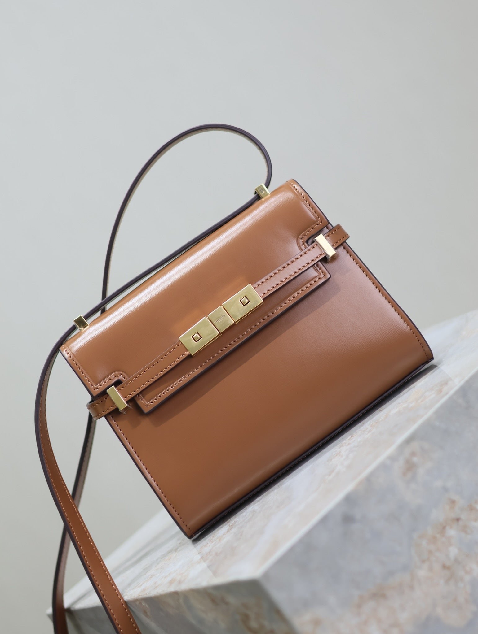 {Style No: UV52HBHQ} YSL 25S MINI MANHATTAN 19 IN BROWN CALFSKIN GOLD HARDWARE - Image 3